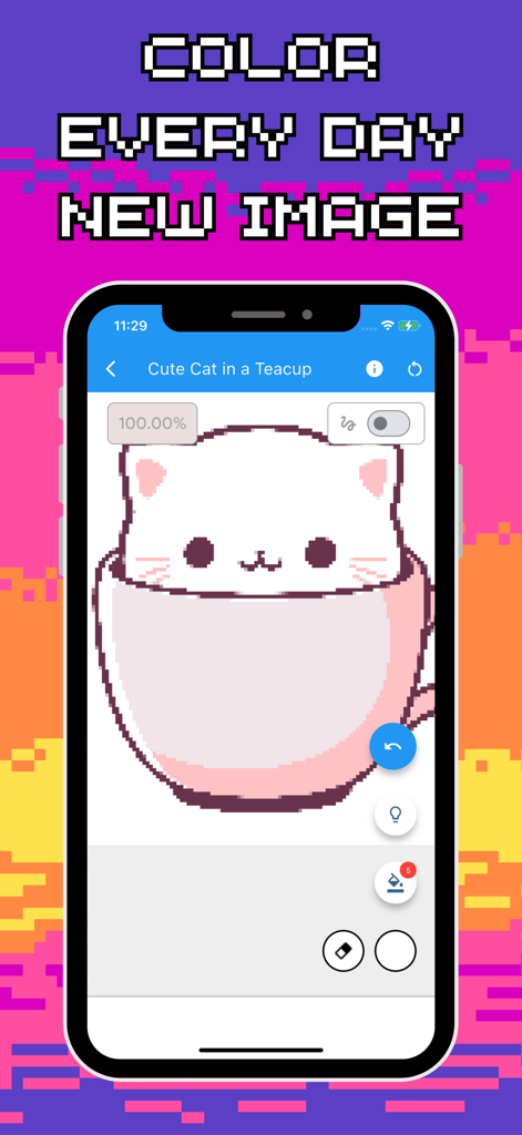 Color by Number: Paint & Draw - Un teléfono inteligente que muestra una página de coloreado pixel art de un lindo gato blanco dentro de una taza de té rosa.