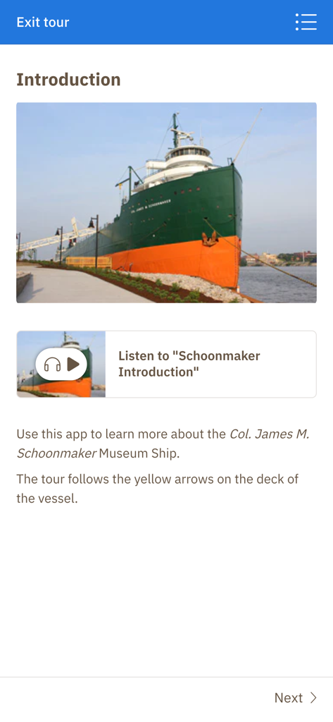 Schoonmaker Tour app introduction screen showing a photo of the Col. James M. Schoonmaker museum ship and an audio guide button.