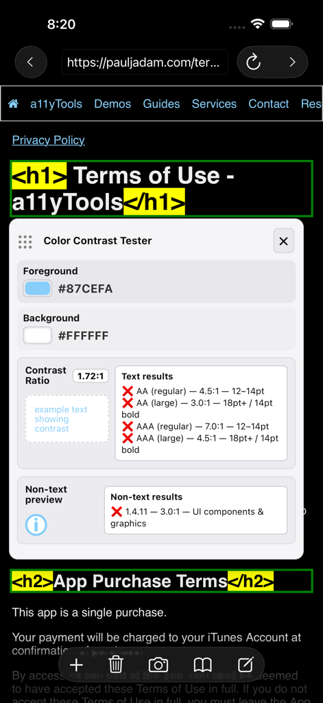 a11yTools - Web Accessibility - A mobile webpage overlay showing the a11yTools color contrast tester and highlighted HTML heading tags.