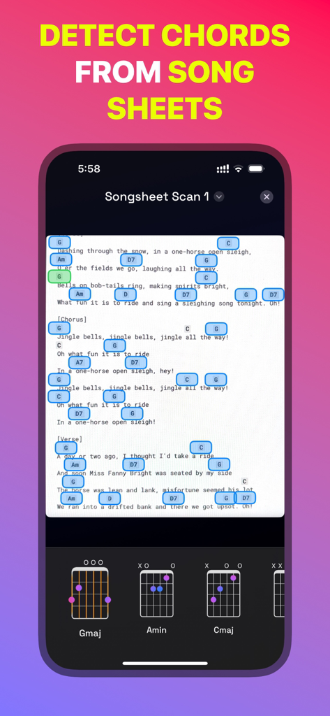Guitar Wiz app showing real-time chord detection from a song sheet with chord diagrams