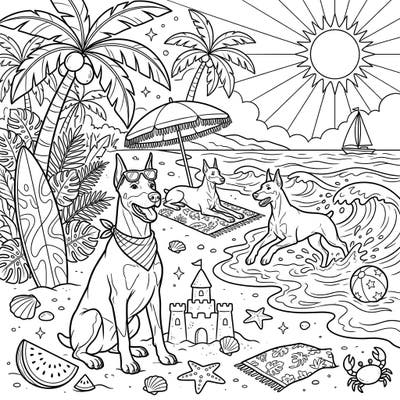 Unleash your creativity with this delightful Doberman Pinscher coloring page, celebrating the joy of summer vacation. Join these sleek pups as they frolic on a sunny beach, ready for your artistic touch.