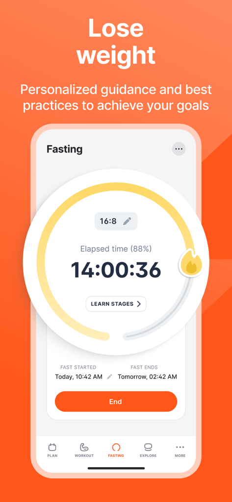 Interfaz de la aplicación Fitself que muestra un temporizador circular de ayuno intermitente para un protocolo 16-8