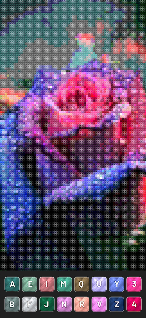 Cross Stitch: Pixel Art - Una interfaz de punto de cruz digital que muestra una rosa morada siendo coloreada con una paleta de pixel art