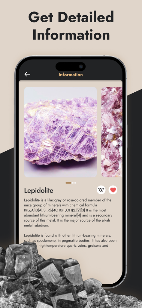 Stone Identifier - Stone Identifier app interface showing detailed information and images of a Lepidolite crystal