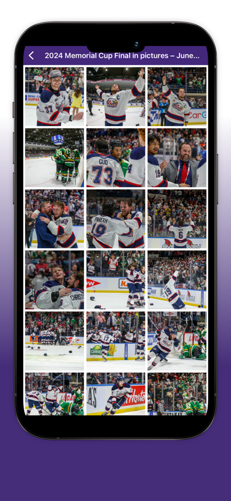A grid of photos from the 2024 Memorial Cup Final in the CHL official app