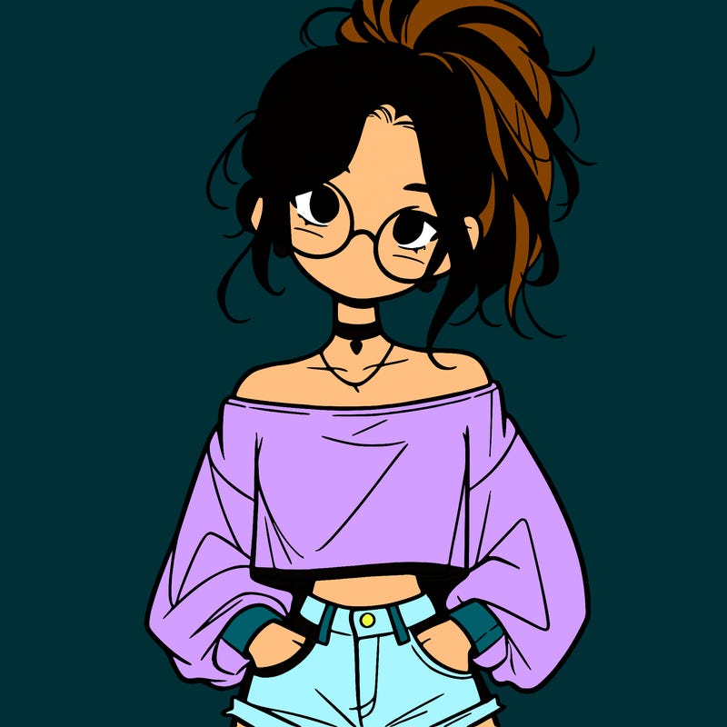 girl with a messy ponytail glasses a baggy crop top and jean shorts