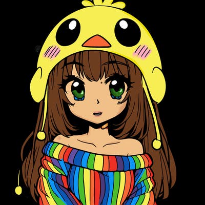anime girl with chick shaped hat with sweater with bare shoulders with bangs covering them one eye with low tail