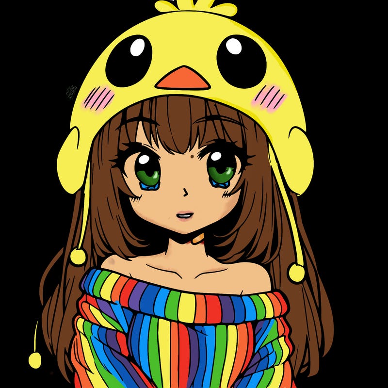 anime girl with chick shaped hat with sweater with bare shoulders with bangs covering them one eye with low tail