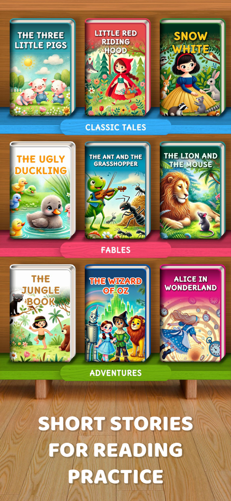 A digital bookshelf displaying various short stories for children categorized by classic tales fables and adventures