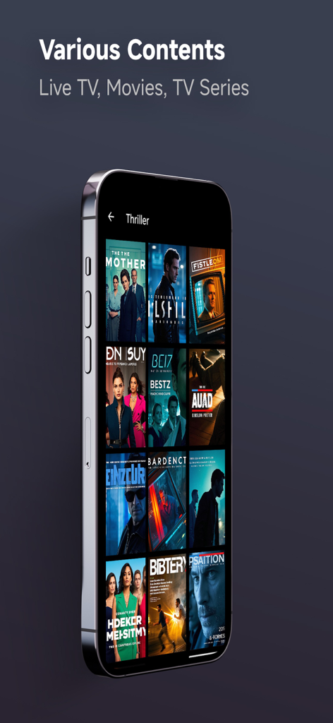 MyTV GO+ - An iPhone displaying the MyTV GO plus app interface with a grid of movie posters in the Thriller category.