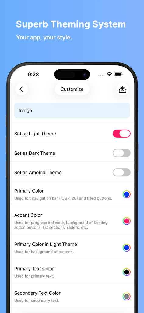 Infinity for Reddit app theme customization screen showing settings for light dark and AMOLED modes with color pickers