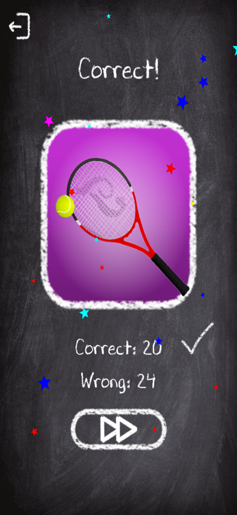 Pantalla de éxito que muestra una raqueta de tenis y la palabra Correcto