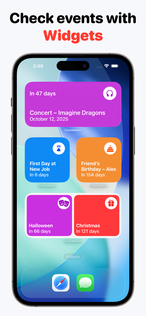 Countdown Widget: Day count - Bunte Countdown-Widgets auf einem iPhone-Startbildschirm für Ereignisse wie Konzerte und Feiertage.