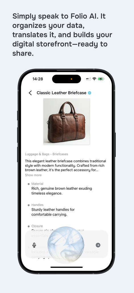 Folio AI - Folio AI app interface showing a professional product page for a leather briefcase generated through voice commands