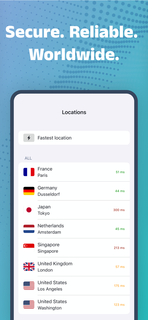 NoDrama VPN - Interface of NoDrama VPN showing a list of worldwide server locations with connection speeds