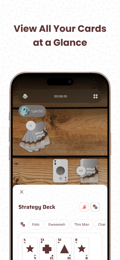 Whotnite - Play Whot Online - Whotnite mobile app interface showing a player's strategy deck and game board on a wooden background