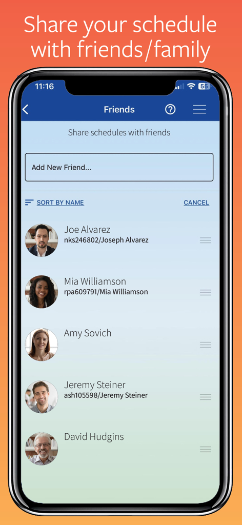 Flight Crew View - Mobile app screen showing a list of friends and family to share flight schedules with.