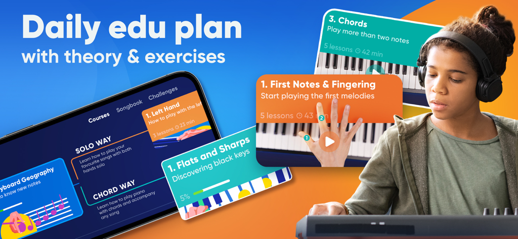 Piano Way - Learn to Play - A woman wearing headphones practicing piano with the Piano Way app daily educational plan