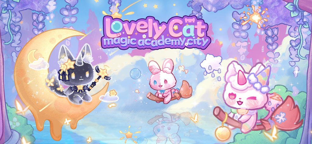 Arte promocional para Lovely Cat Magic Academy City con lindas mascotas mágicas y gatos en un caprichoso mundo pastel