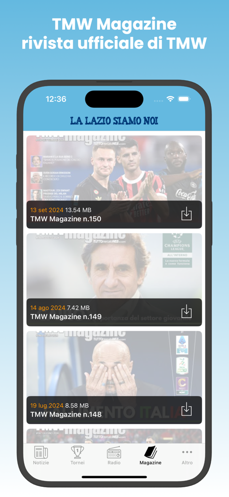La Lazio Siamo Noi - The Magazine section of the La Lazio Siamo Noi app displaying a list of TMW Magazine issues available for download.