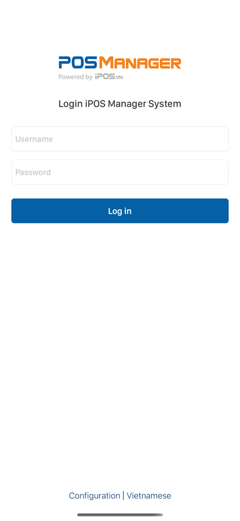 iPOS.vn Manager - Pantalla de inicio de sesión de la aplicación iPOS.vn Manager que muestra los campos de nombre de usuario y contraseña