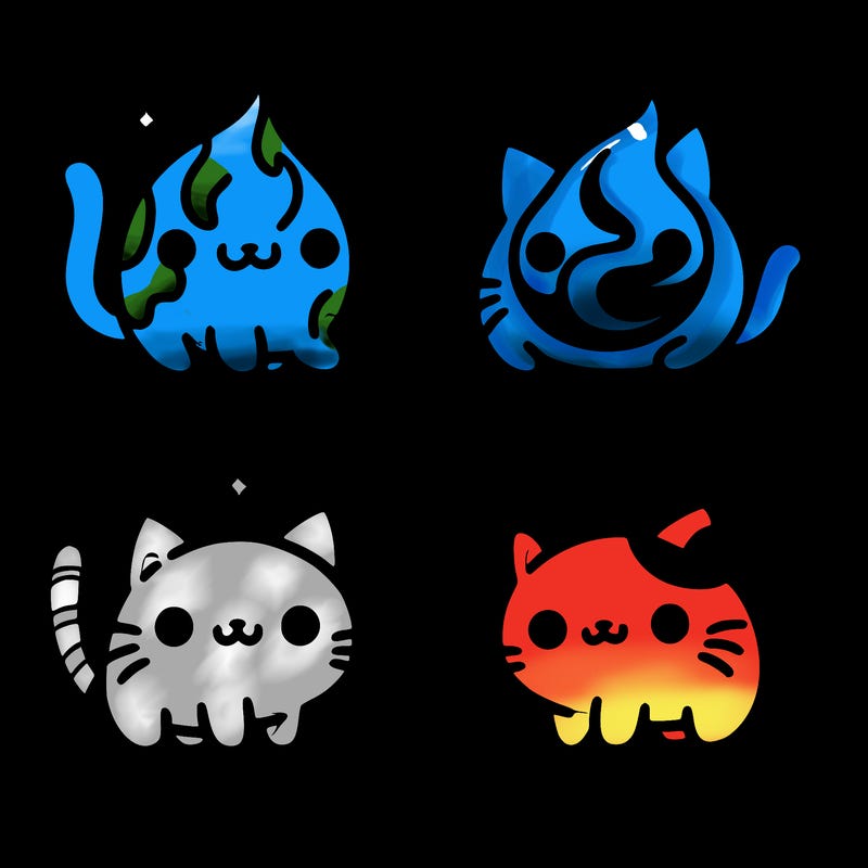 4 cats that represent the different elements, earth, water, air, and fire