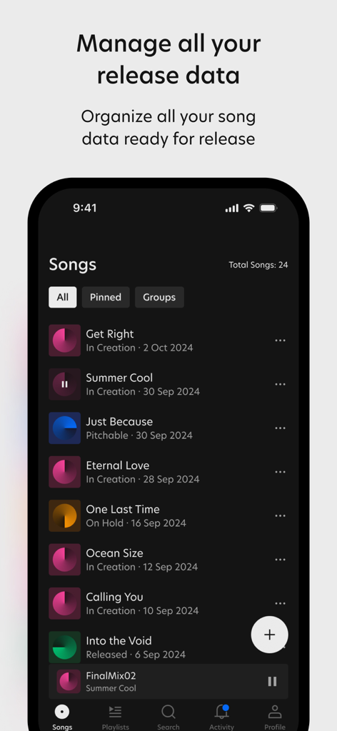 Session Studio - Session Studio app interface showing a list of songs with statuses like In Creation and Released to organize music release data.