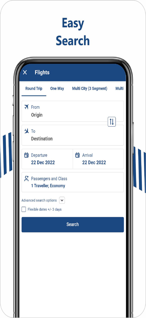 Interfaz de búsqueda de vuelos de la aplicación Amadeus Online Suite que muestra opciones de ida y vuelta para origen y destino