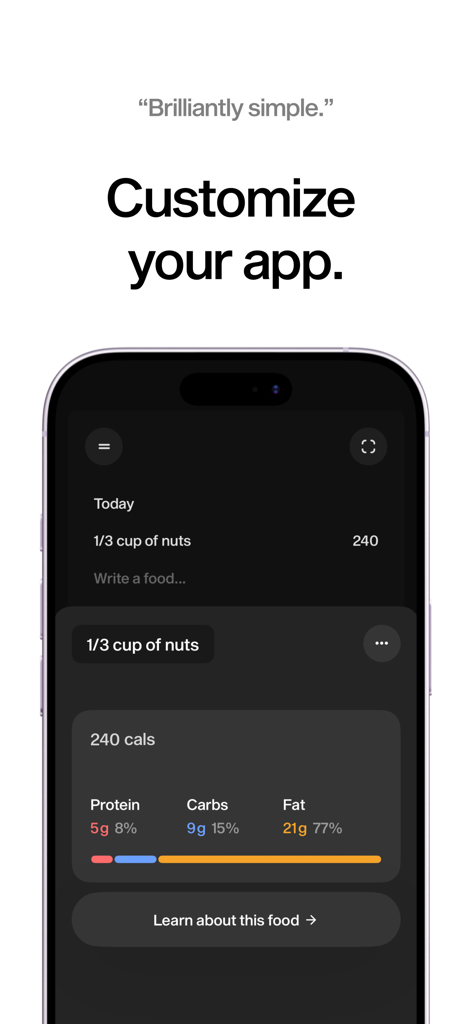Mist - Food Journal - Mist app interface showing a minimalist food entry with a calorie and macro breakdown for nuts