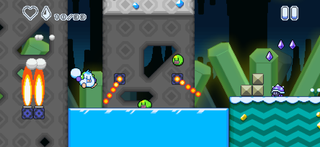 Snow Kids - Snow Kids gameplay screenshot showing a cute pixel art penguin jumping in a snowy level with gems and enemies