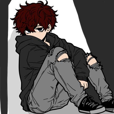 a male hoddie ripped jeans messy hair anime