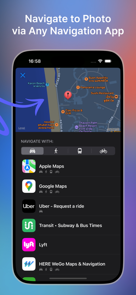 Ein mobiler Screenshot von Navify, der eine Karte und eine Liste von Navigations-Apps zur Auswahl anzeigt