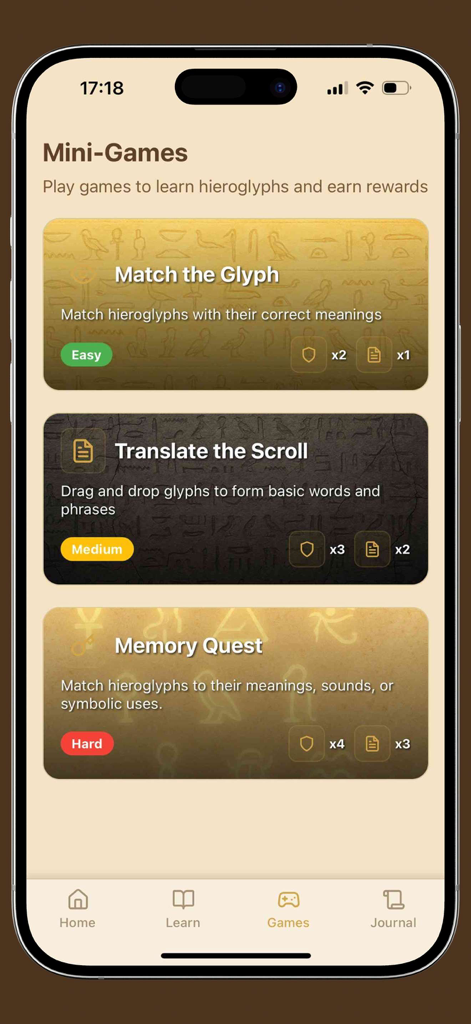 Menu of Egyptian hieroglyph learning games in the GlyphsQuest app featuring levels from easy to hard