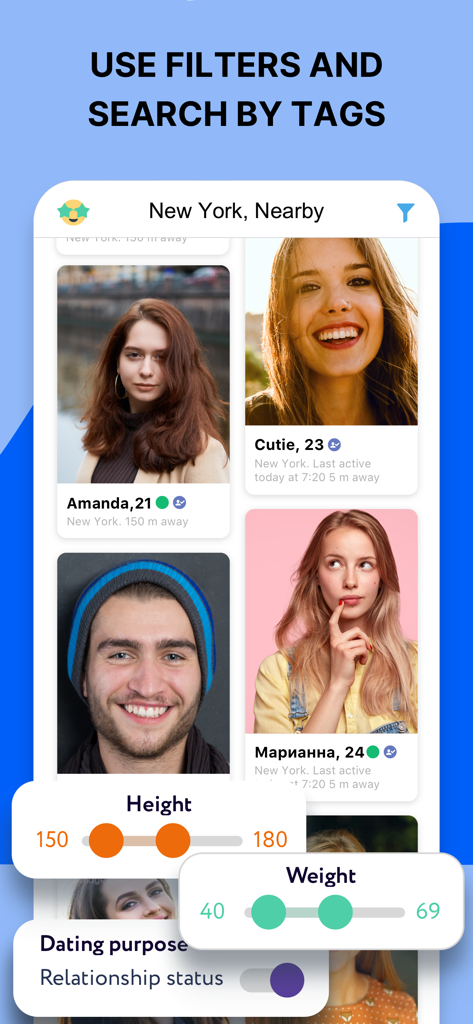 Love Mail.Ru dating app interface showing user profiles in New York with search filters for height and weight