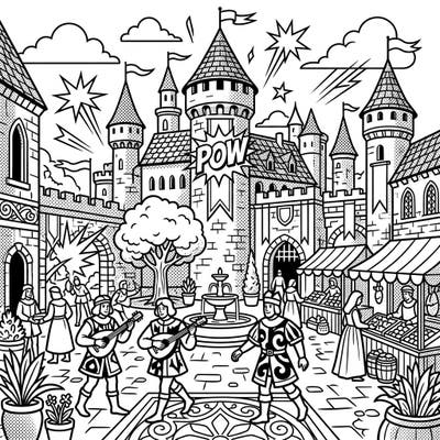 Step into a dynamic world where medieval charm meets vibrant Pop Art! This unique coloring page offers a bustling castle courtyard scene, complete with musicians, market stalls, and iconic comic book flair, all waiting for your creative touch.