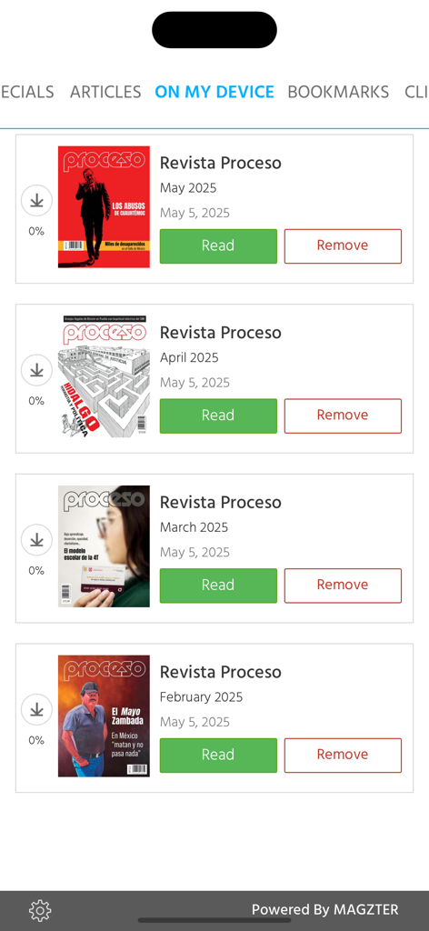 List of magazine issues in the Revista Proceso app library with options to read or remove