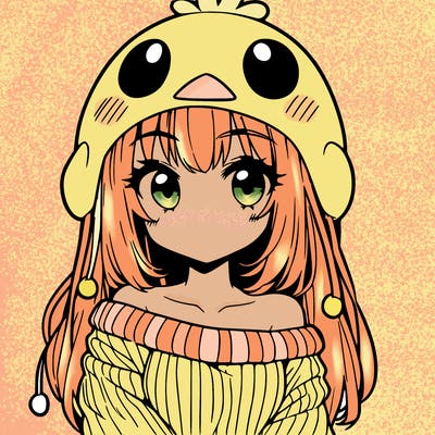 anime girl with chick shaped hat with sweater with bare shoulders with bangs covering them one eye with low tail