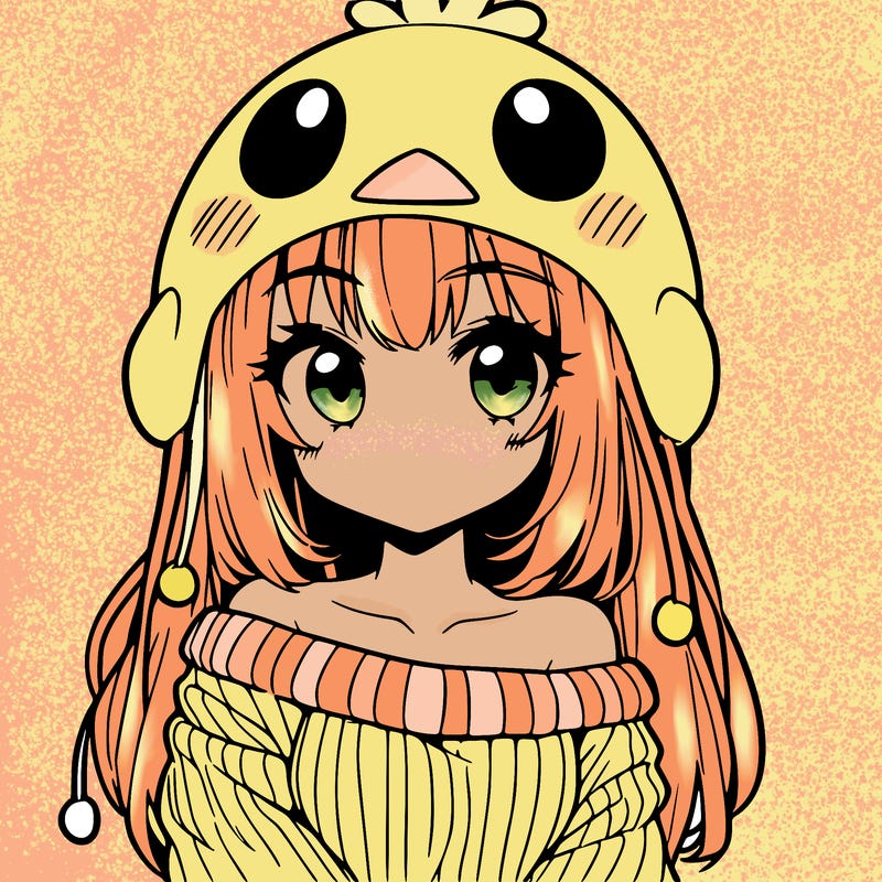 anime girl with chick shaped hat with sweater with bare shoulders with bangs covering them one eye with low tail