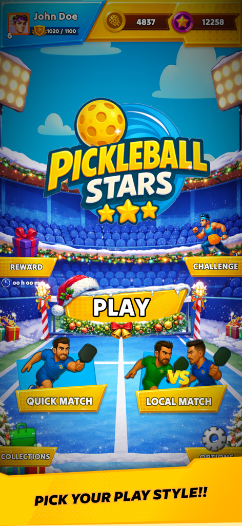 Pickleball Stars - 빠른 경기 및 로컬 경기 옵션을 보여주는 축제 분위기의 크리스마스 테마가 있는 피클볼 스타즈 모바일 게임 메인 메뉴