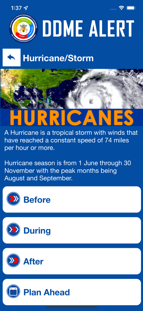 DDME Alert - DDME Alert App-Oberfläche mit Hurrikaninformationen und Notfallvorsorgeanleitungen für vor, während und nach einem Sturm.