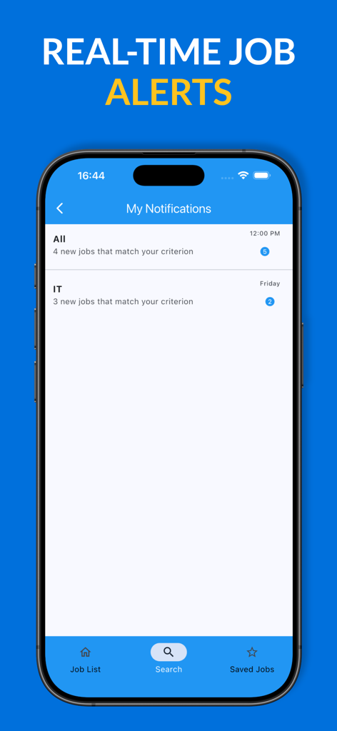 Real time job notifications and alerts screen in the UN and NGO jobs app