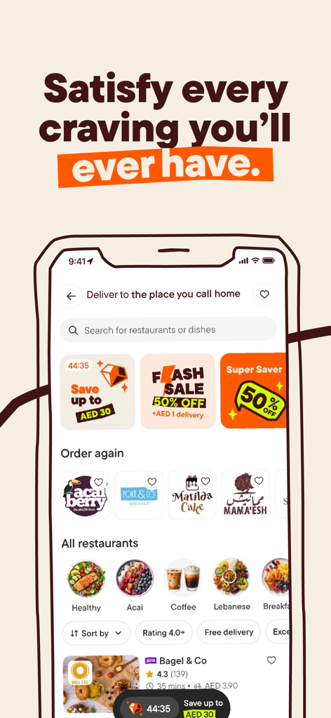 Talabat app interface showing food delivery categories and restaurant promotions