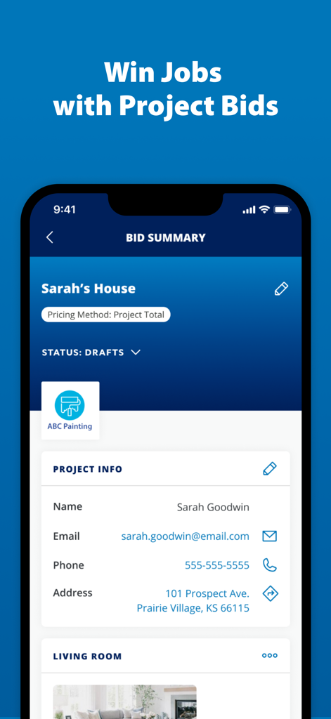 Sherwin-Williams PRO+ - Interface of the Sherwin-Williams PRO+ app showing a project bid summary for a professional painting contractor