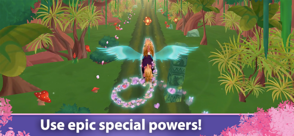Horse Games EverRun - A magical horse with glowing blue wings running through a lush forest using special powers in Horse Games EverRun.