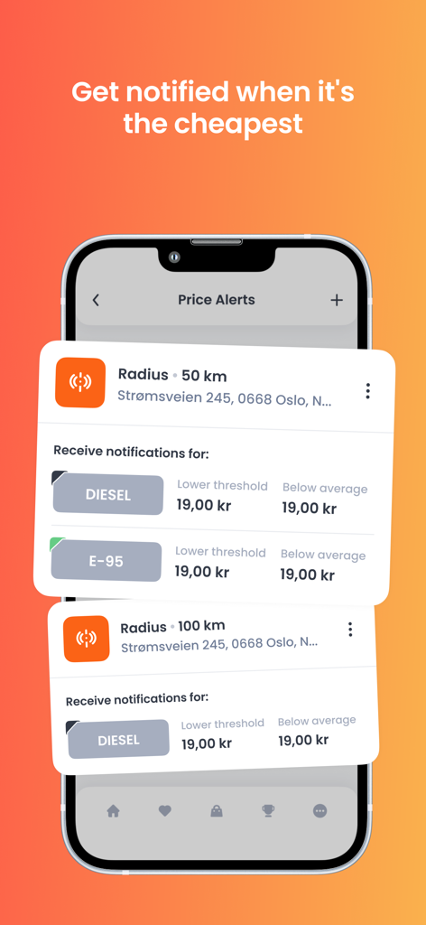 Smartphone screen of FuelApp showing customizable price alerts for gas and diesel.
