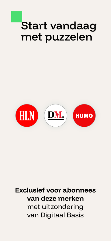 Puzzelfit België - Pantalla de suscripción de Puzzelfit België con los logotipos de HLN De Morgen y Humo