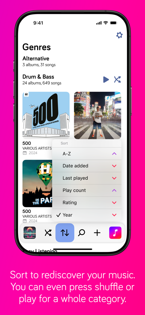 Harken Offline Music Player - Pantalla de géneros de Harken mostrando un menú de ordenación con opciones como fecha de adición y número de reproducciones