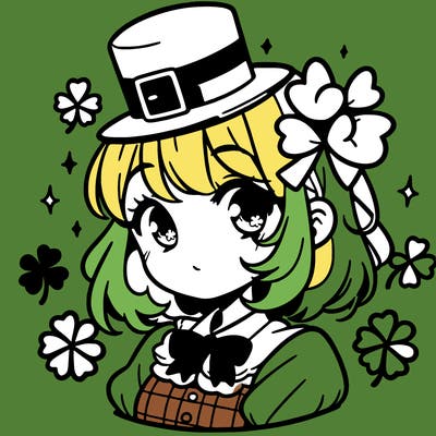 a manga-style girl with clovers around her, a little hat in her hair, like it's saint patrick's day
