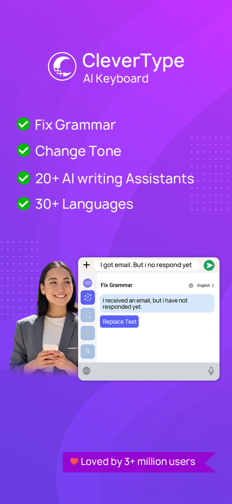 CleverType - AI Keyboard - CleverType AI Keyboard screenshot showing grammar correction and writing assistants for professional communication.