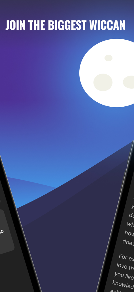 Witchcraft & Wicca Knowledge - A full moon in a blue night sky with text saying join the biggest wiccan